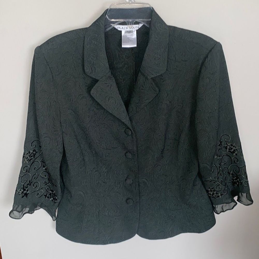Vintage Dark Green Embroidered Lace Sleeve Women's Blazer Jacket Size 12